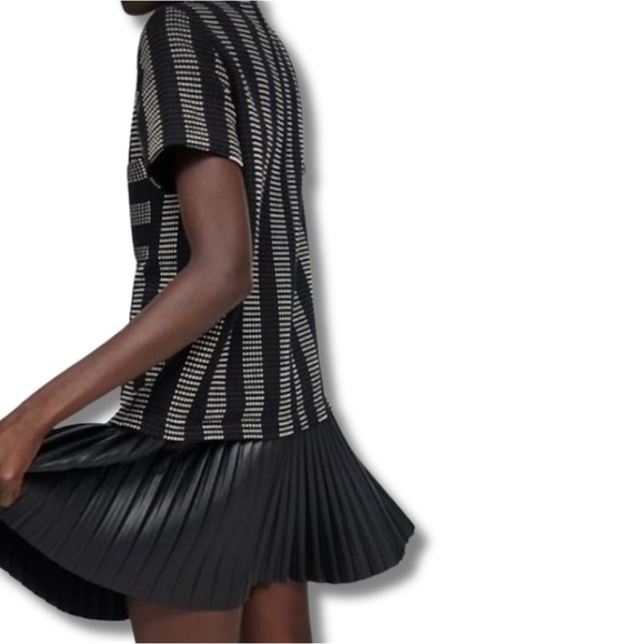 Zara Black + White Textured Woven Vegan Leather Pleated Dress *RARE* - Picture 9 of 11